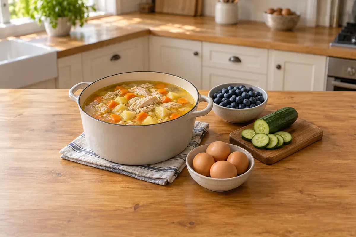 Gryde med hønsesuppe med gulerødder og kartofler, blåbær, agurker og æg