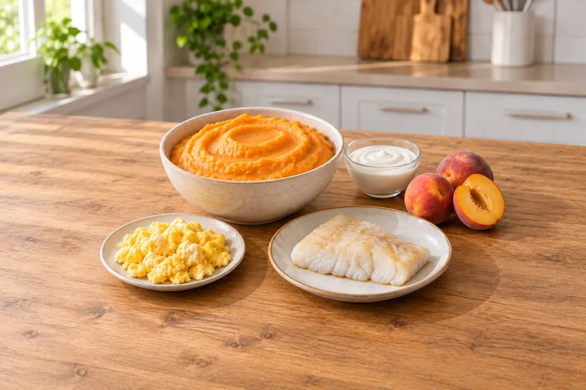 Пюре от картофи и моркови, печена треска, кисело мляко, бъркани яйца, праскови