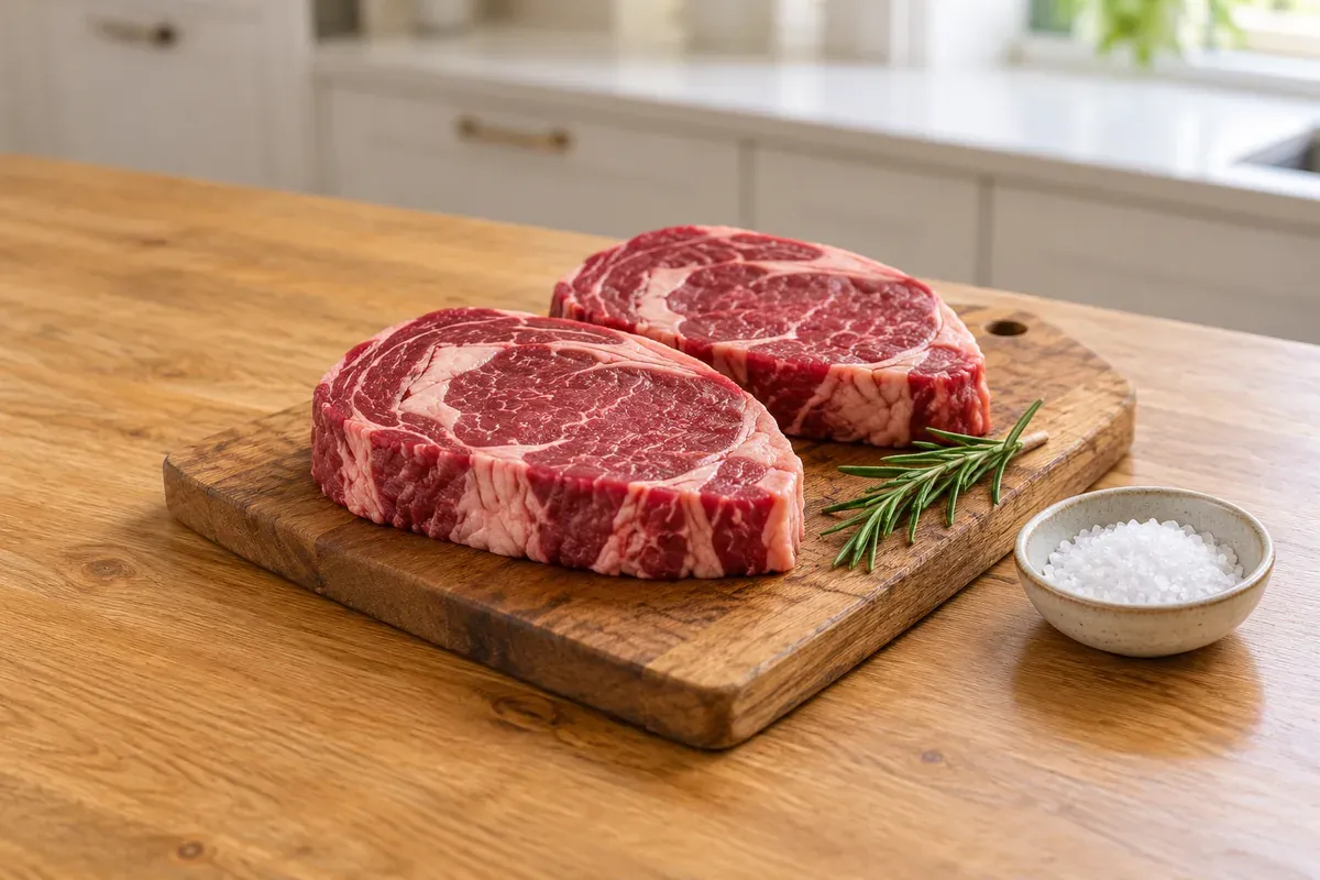 Zwei rohe Rindersteaks mit Rosmarin auf einem Brett, daneben grobes Salz