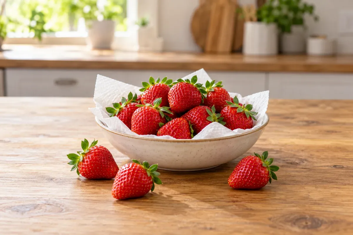 Frische Erdbeeren in einer Schüssel mit Küchenpapier auf einer Holzplatte