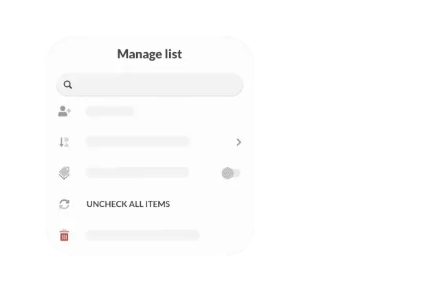 The Manage list panel, with Uncheck all items among its options