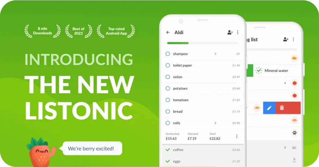 Werbegrafik „Introducing the New Listonic“ mit dem Erdbeer-Maskottchen