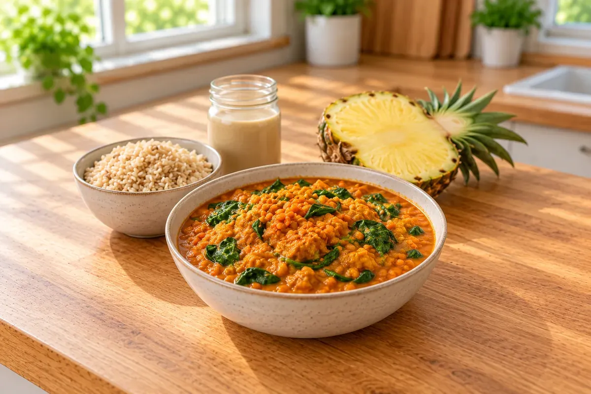Karry med røde linser og spinat, brune ris, tahini og en skåret ananas