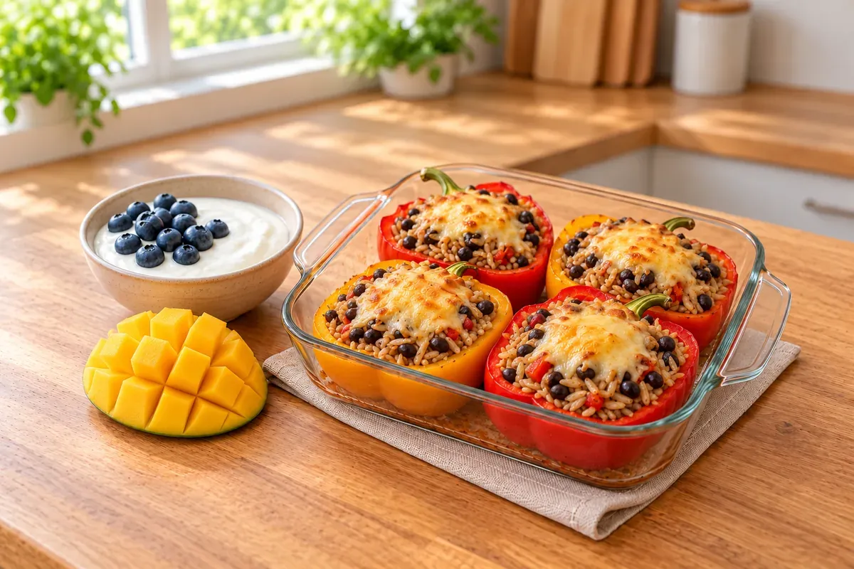 Fyldte peberfrugter med ris, bønner og ost, yoghurt med bær og mango