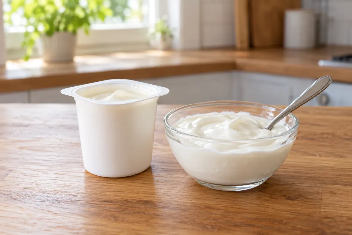 Kubek jogurtu naturalnego obok szklanej miski jogurtu z łyżką