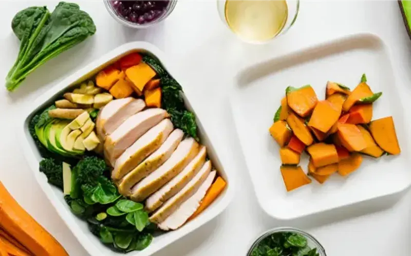 Overhead shot of small bowls of dishes for the 30-day weight-gain meal plan
