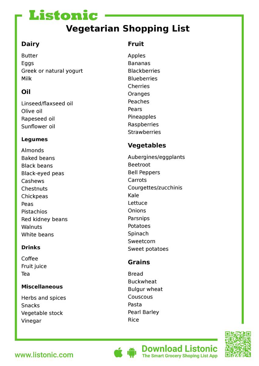 vegetarian shopping list - template