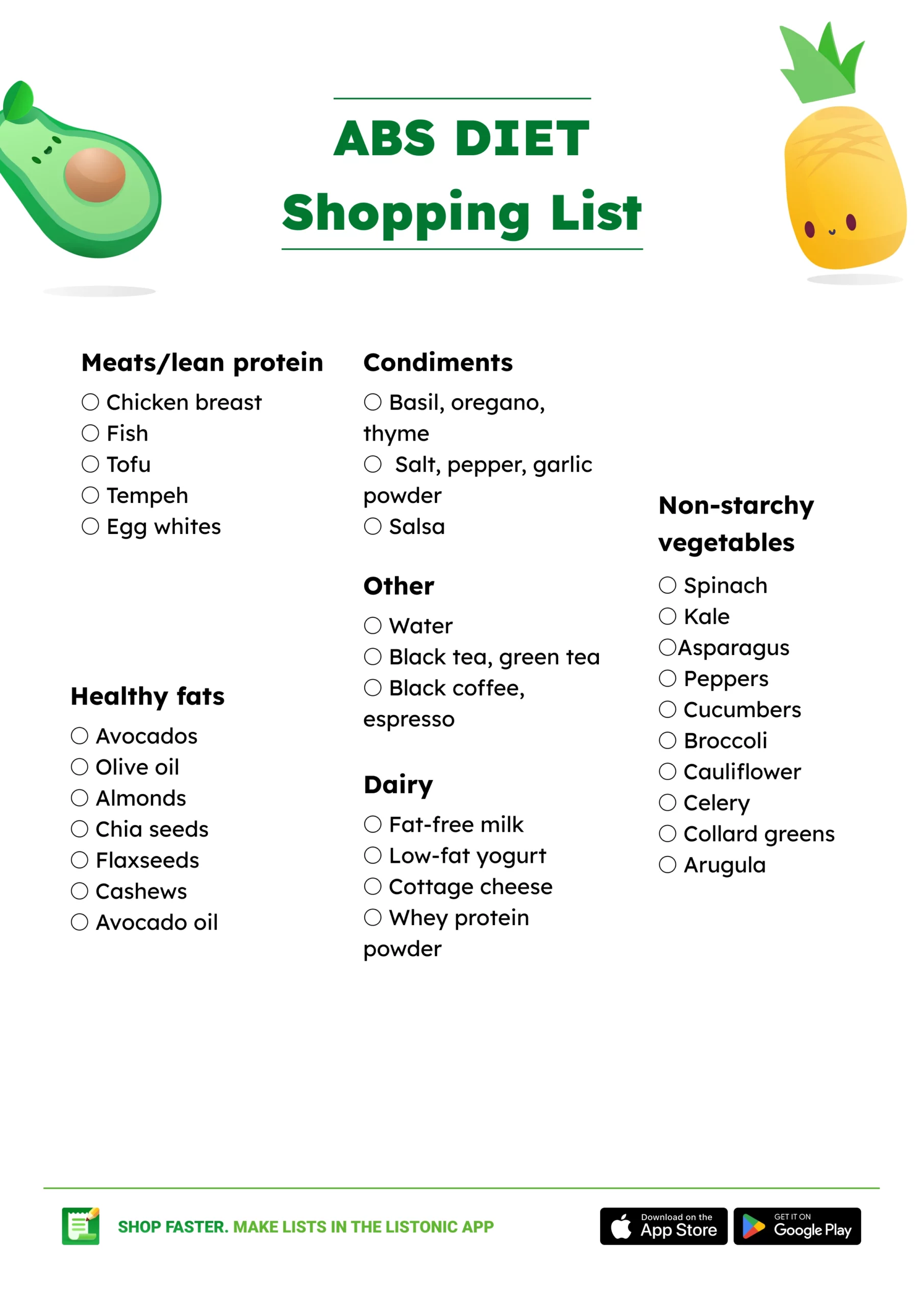 ABS Diet Food List (+ Shopping List and PDF) - Listonic